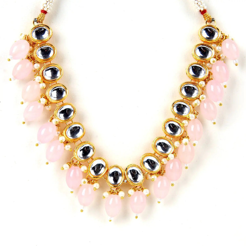 Sizzle Jewels Graceful Kundan Necklace Set with Soft Pink Beads – Traditional Gold-Plated Jewellery