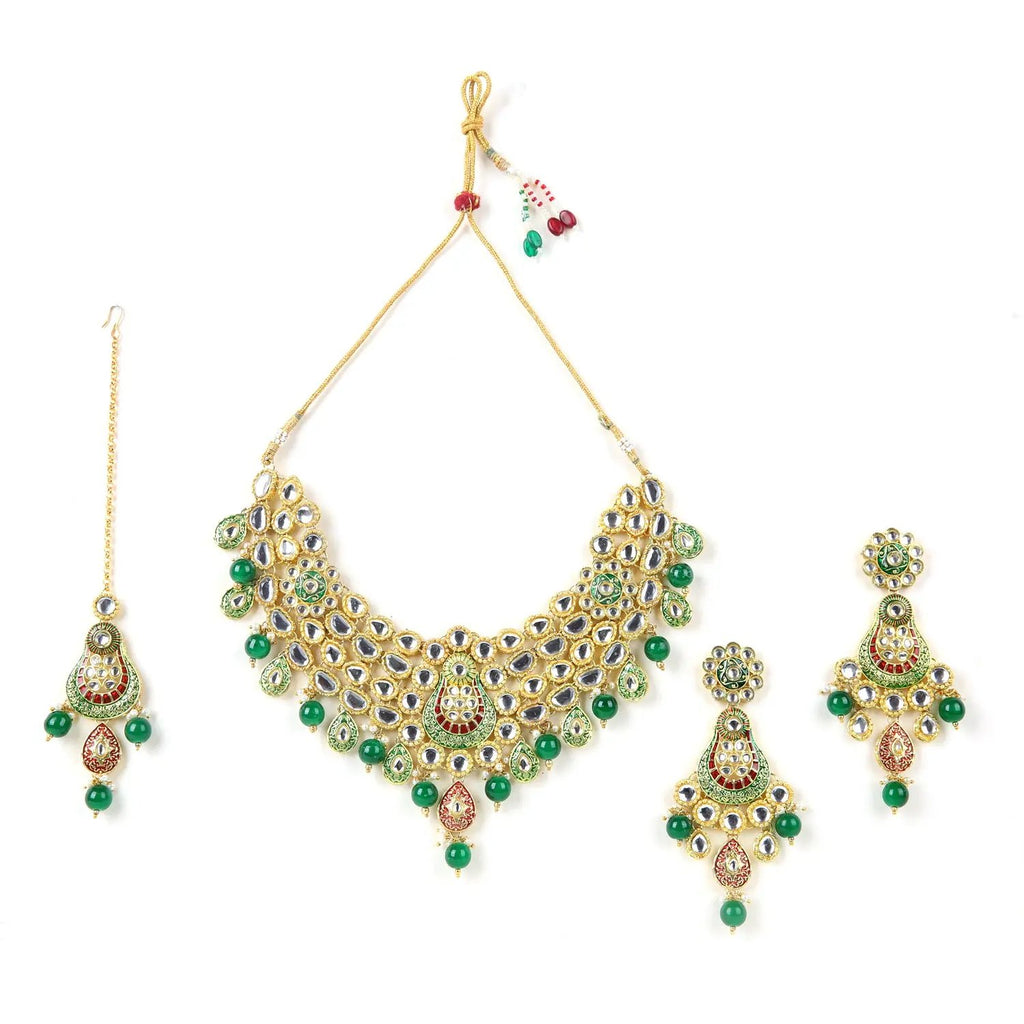 Sizzle Jewels Royal Kundan Green and Red Heavy Necklace Set | Handcrafted Bridal Jewelry with Earrings | Maang Tikka