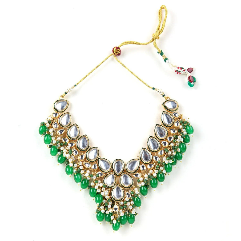 Sizzle Jewels Royal Green Kundan and Pearl Bridal Necklace Set