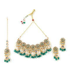 Sizzle Jewels Royal Green Kundan Pearl Choker Necklace Set with Earrings and Maang Tikka SIZZLE JEWELS