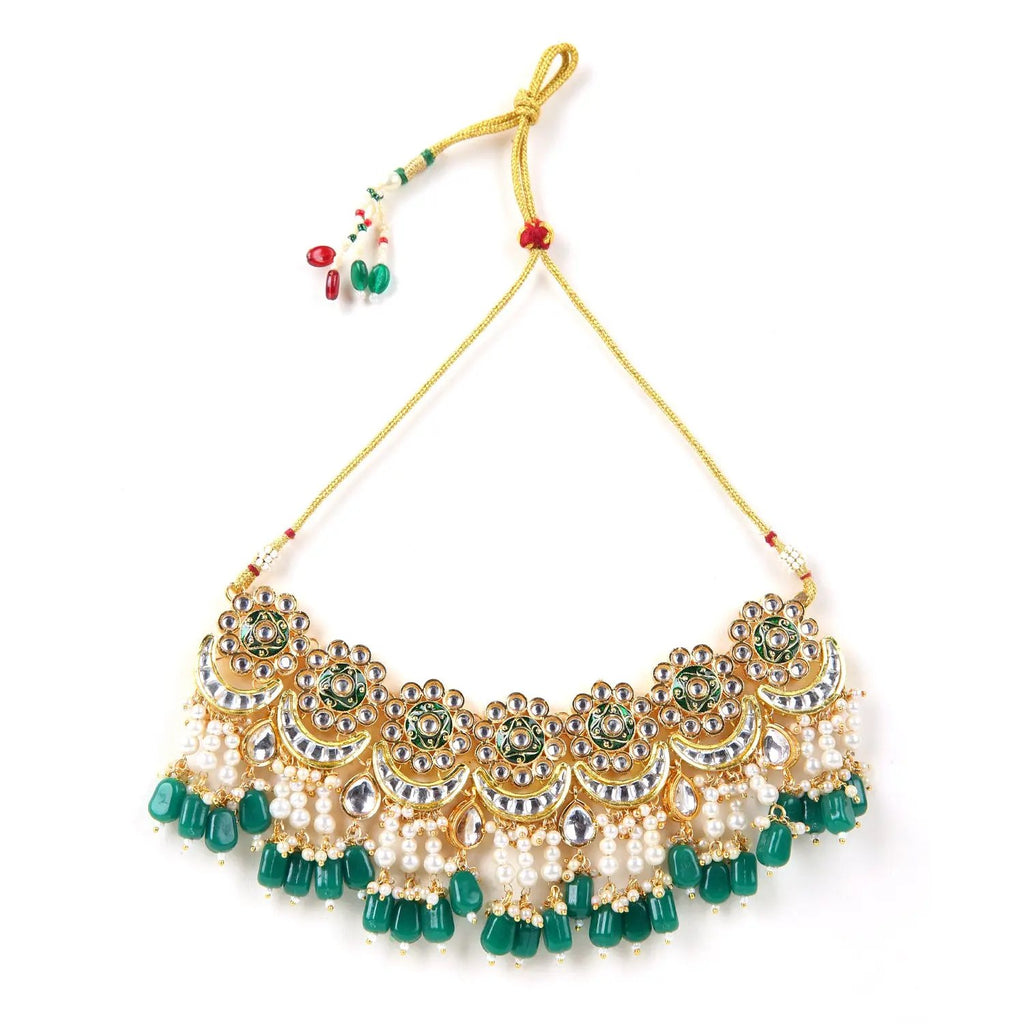 Sizzle Jewels Royal Green Kundan Pearl Choker Necklace Set with Earrings and Maang Tikka
