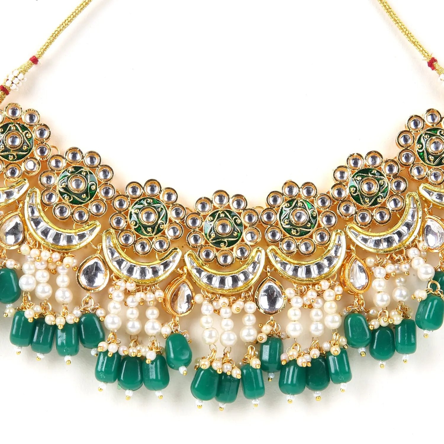 Sizzle Jewels Royal Green Kundan Pearl Choker Necklace Set with Earrings and Maang Tikka SIZZLE JEWELS