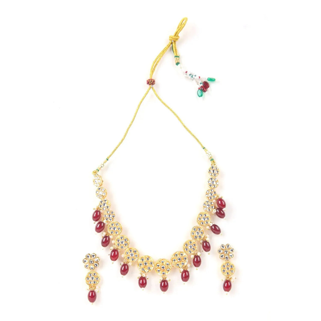 Sizzle Jewels Kundan Gold-Plated Necklace Set with Maroon Beads and Matching Earrings
