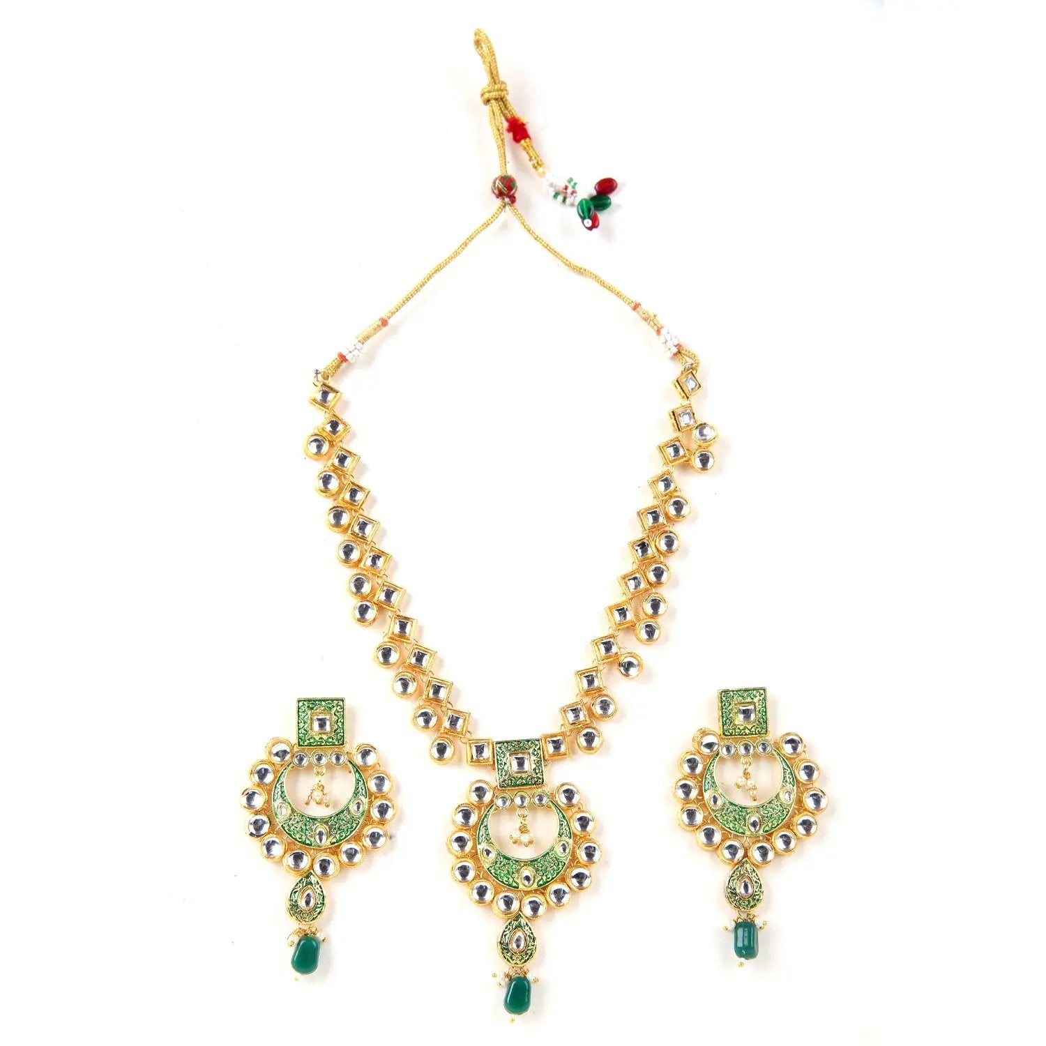 Sizzle Jewels Traditional Long Kundan Green Meenakari Necklace Set with Earrings SIZZLE JEWELS
