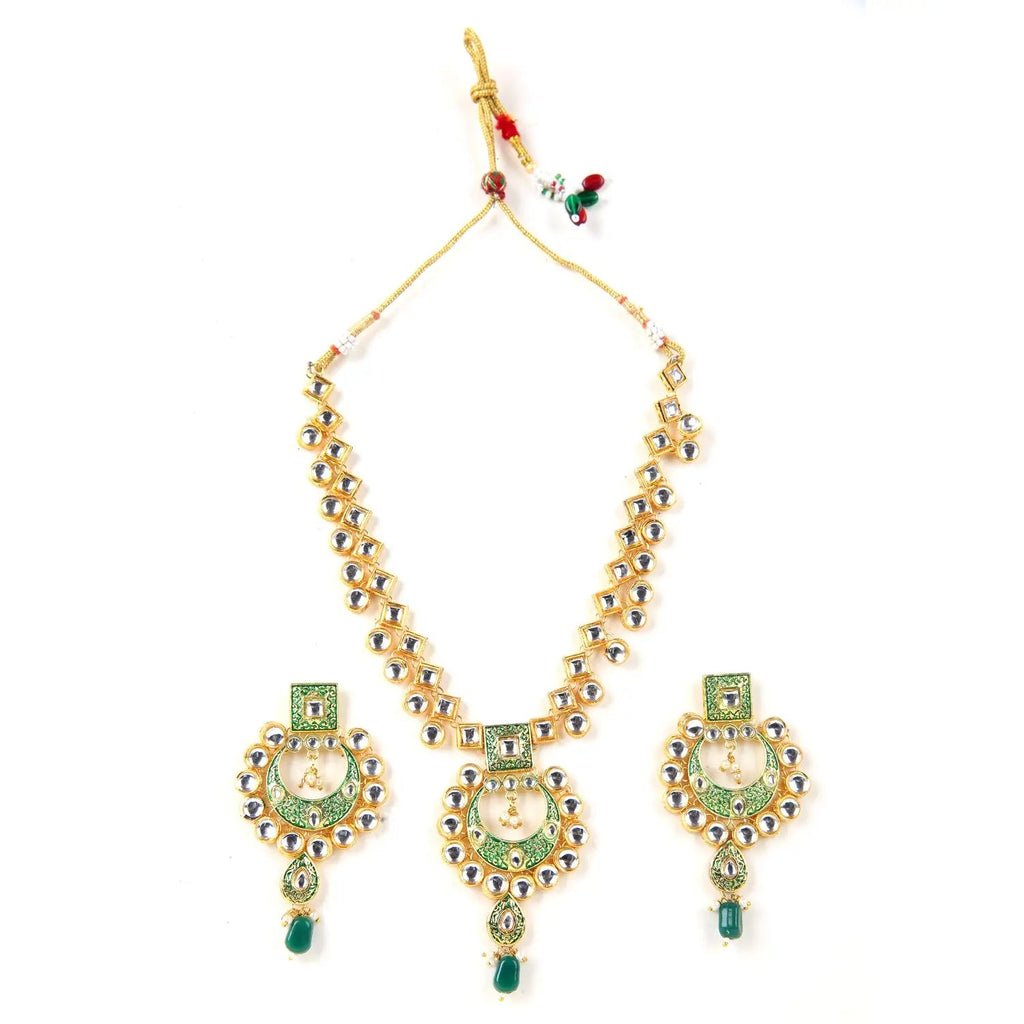 Sizzle Jewels Traditional Long Kundan Green Meenakari Necklace Set