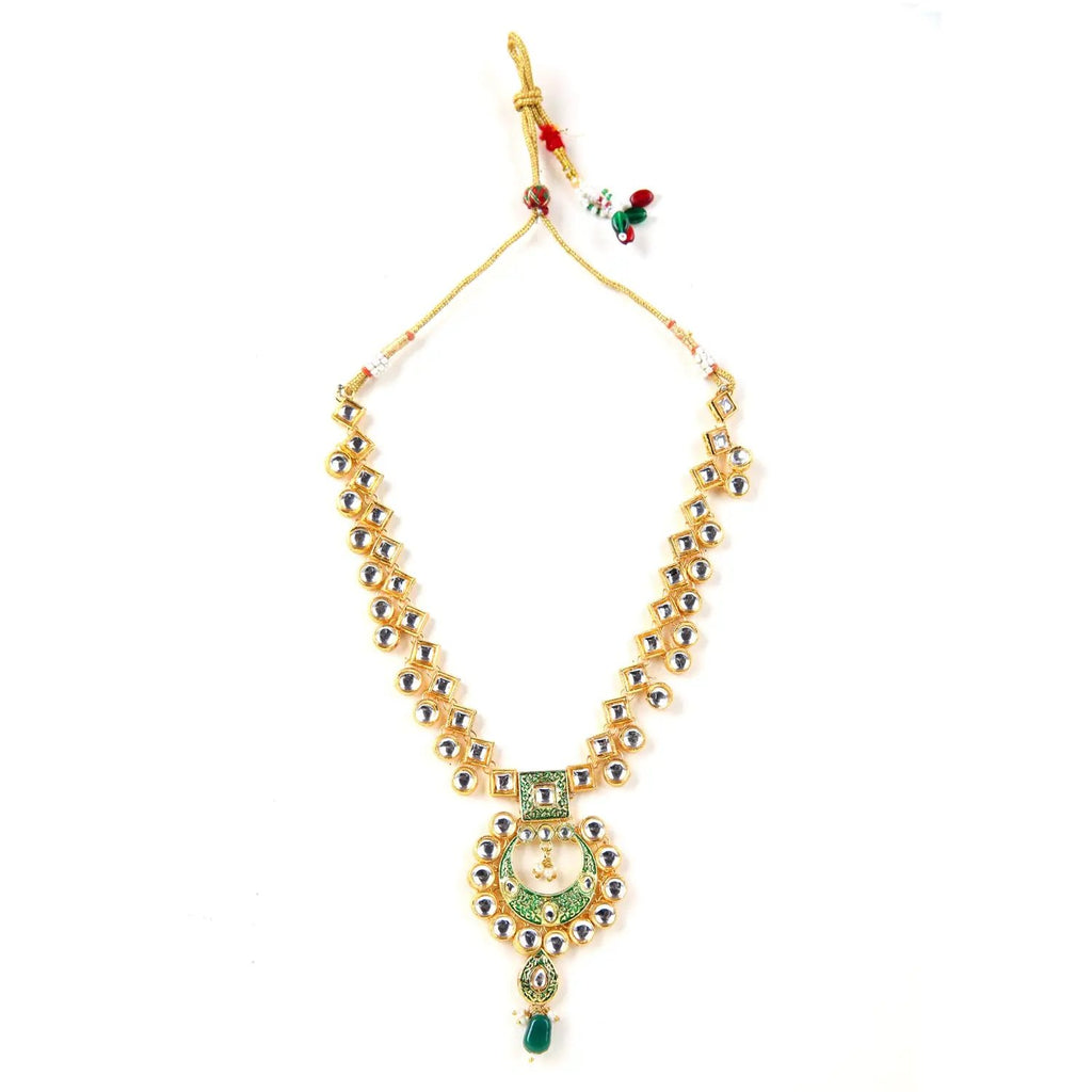 Sizzle Jewels Traditional Long Kundan Green Meenakari Necklace Set
