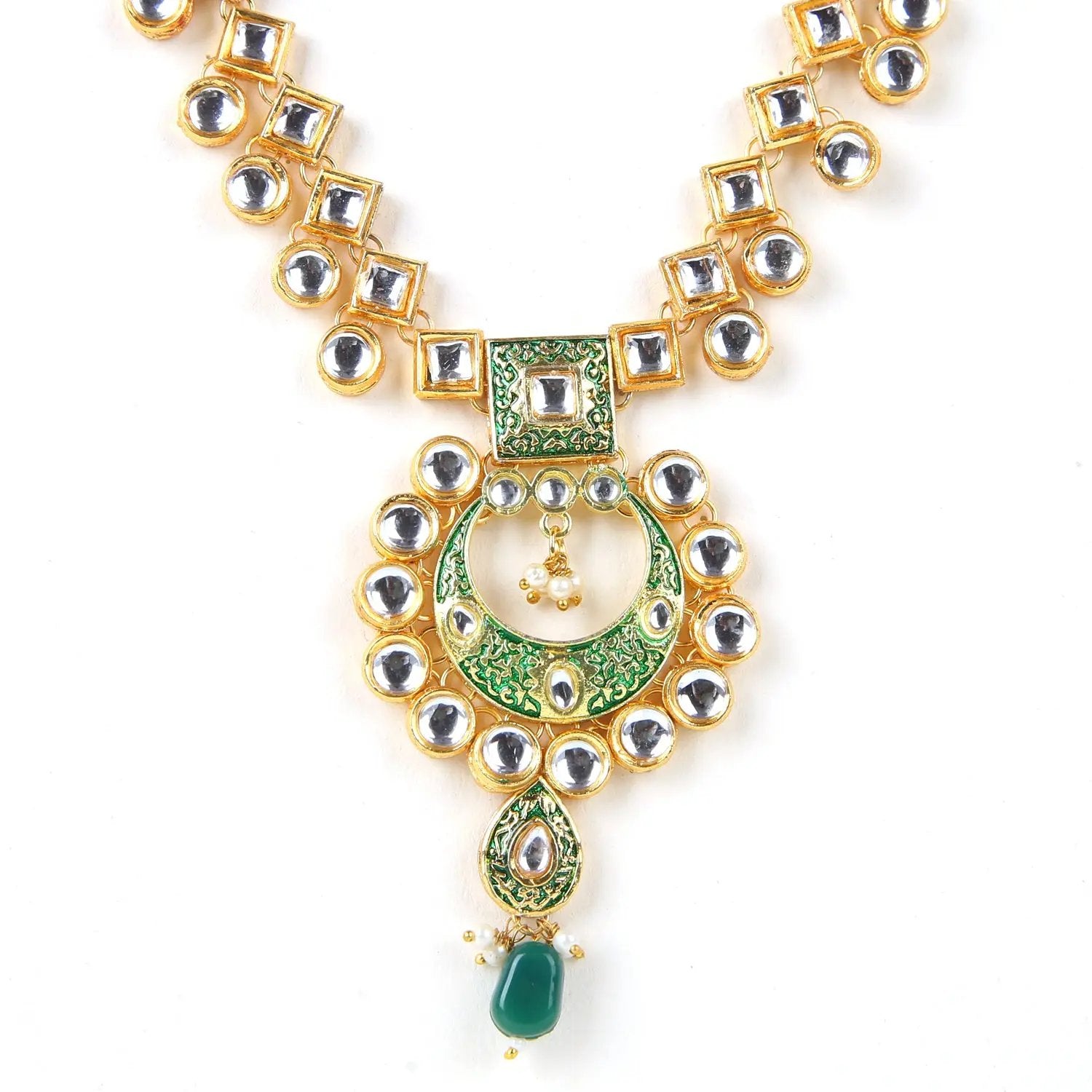 Sizzle Jewels Traditional Long Kundan Green Meenakari Necklace Set with Earrings SIZZLE JEWELS