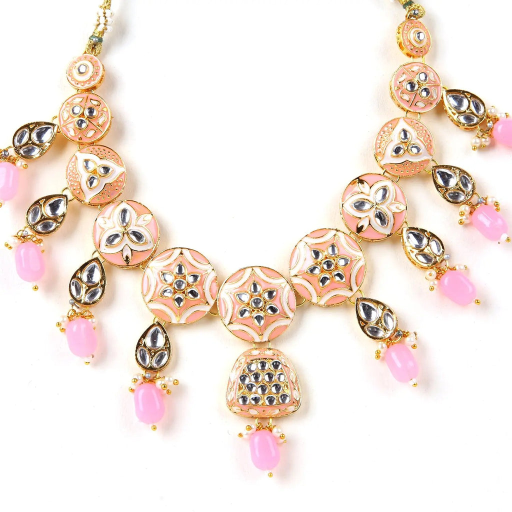 Sizzle Jewels Handcrafted Kundan Necklace Set with Baby Pink Beads and Maang Tikka