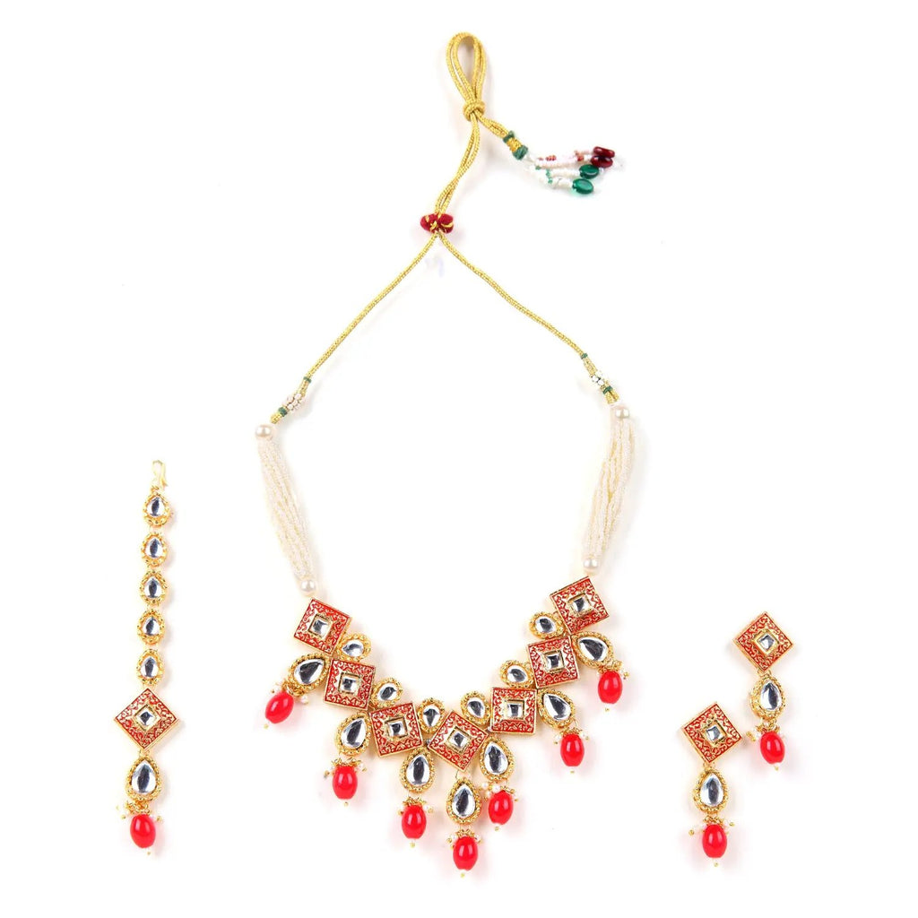 Sizzle Jewels Red and Gold Kundan Traditional Necklace with Earrings and Maang Tikka