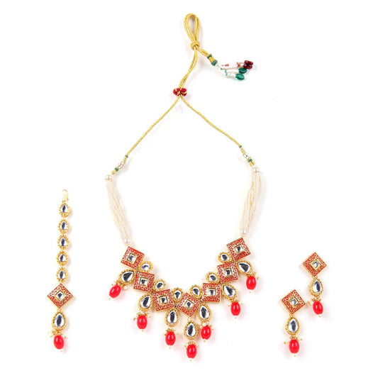 Sizzle Jewels Elegant Red and Gold Kundan Bridal Jewelry Set – Traditional Necklace with Earrings and Maang Tikka SIZZLE JEWELS