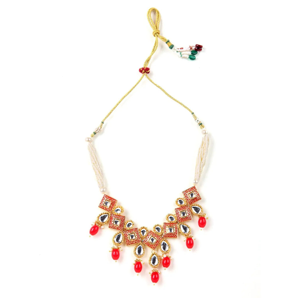 Sizzle Jewels Red and Gold Kundan Traditional Necklace with Earrings and Maang Tikka