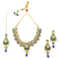 Sizzle Jewels Royal Blue and Green Kundan Traditional Necklace with Earrings & Maang Tikka