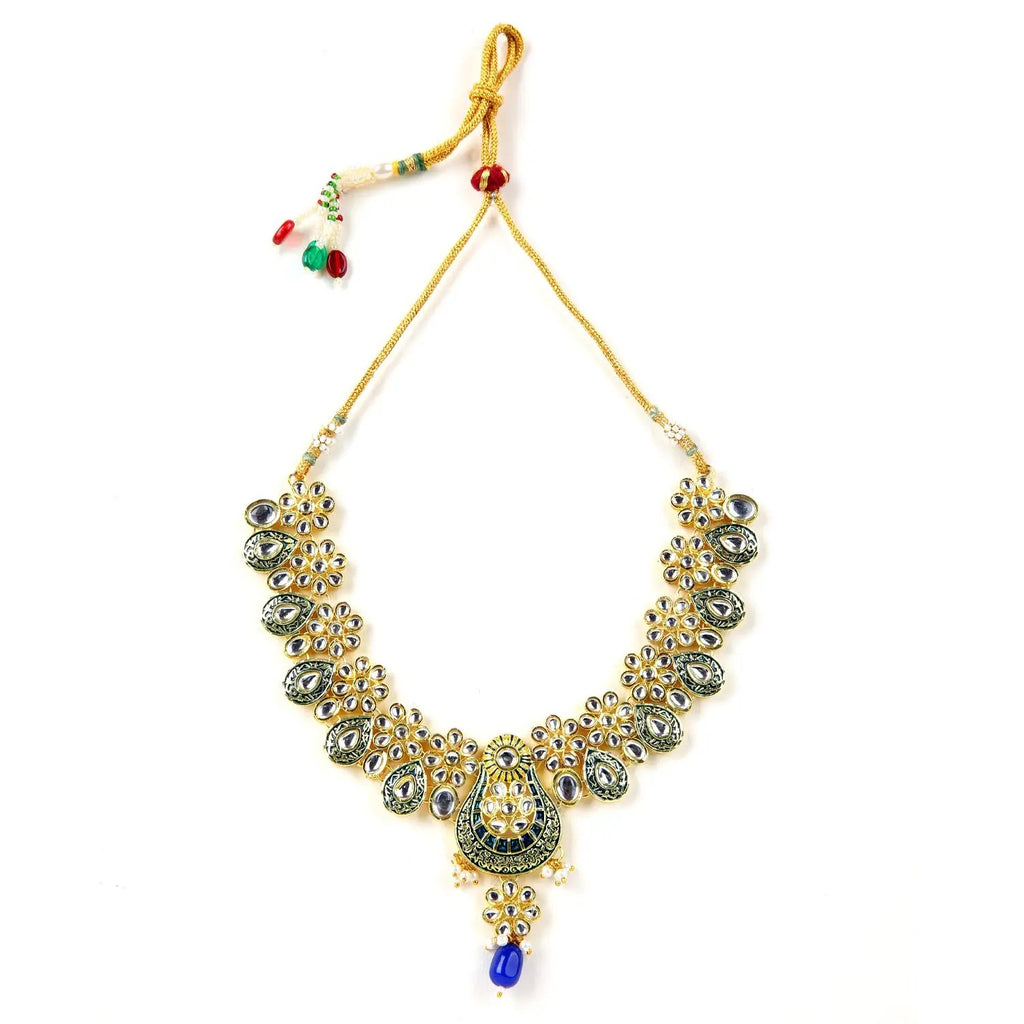 Sizzle Jewels Royal Blue and Green Kundan Traditional Necklace with Earrings & Maang Tikka