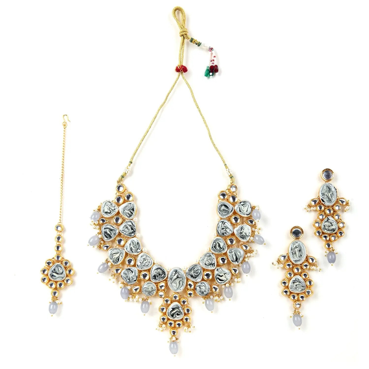 Sizzle Jewels Royal Kundan Bridal Set – Handcrafted Silver and Gold Polki Necklace with Earrings and Maang Tikka SIZZLE JEWELS