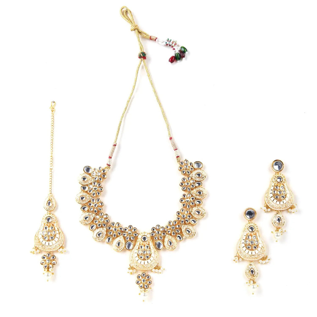 Sizzle Jewels Peach and Gold-Plated Kundan Necklace Set with Earrings and Maang Tikka