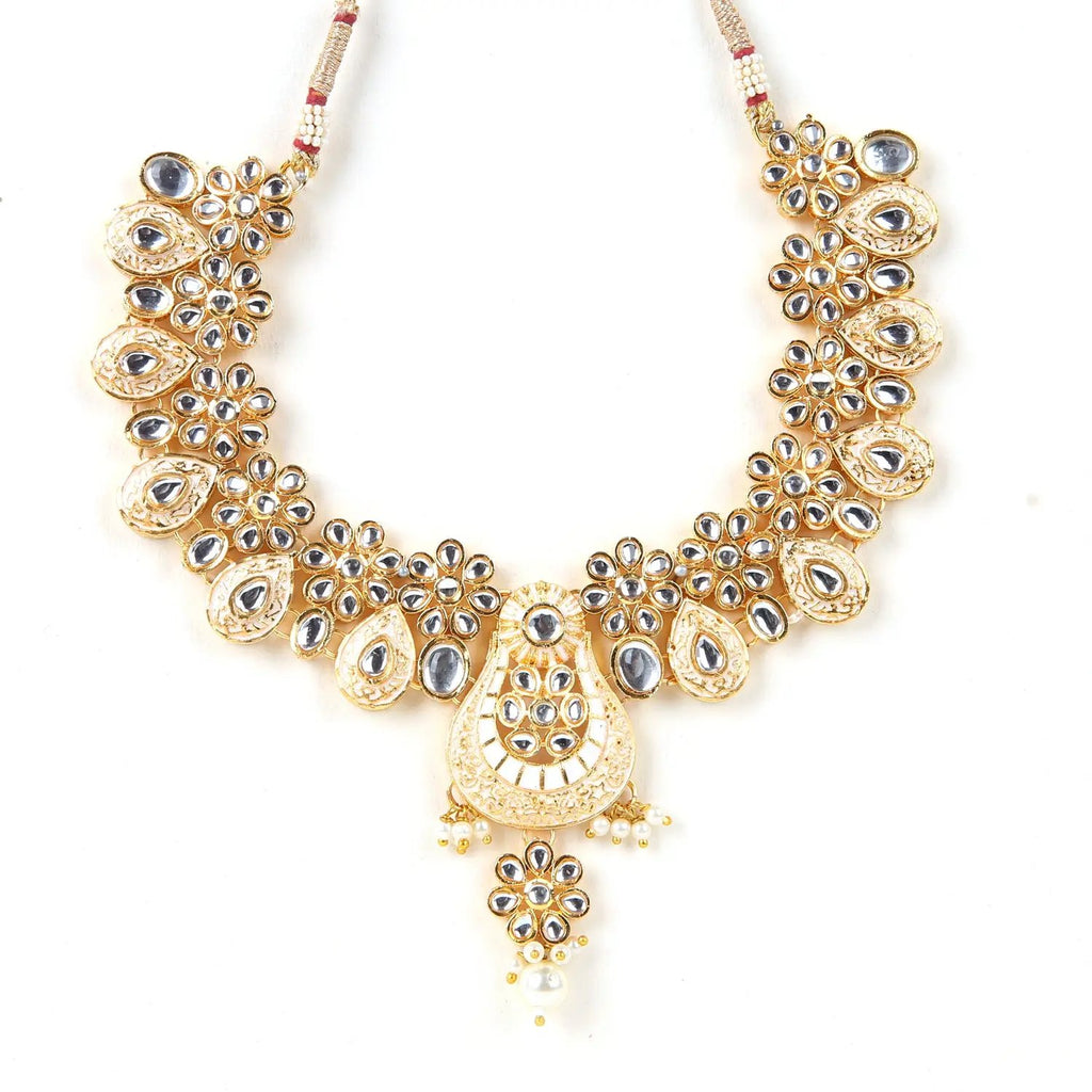 Sizzle Jewels Peach and Gold-Plated Kundan Necklace Set with Earrings and Maang Tikka