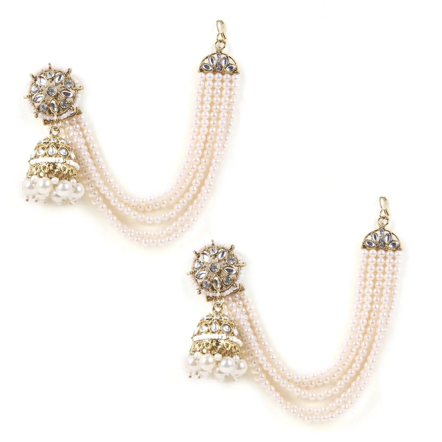 Elegant Kundan & Pearl Earrings with Multi-Layered Side Chains – Traditional Bridal Jewelry SIZZLE JEWELS