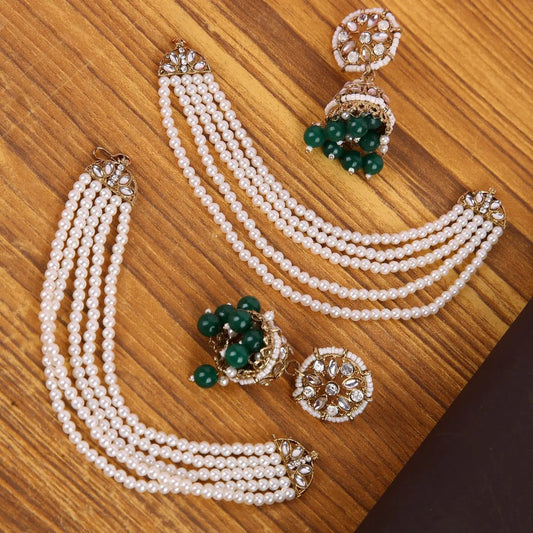 Sizzle Jewels Kundan and Pearl Layered Dangler Earrings with Green Bead Drops SIZZLE JEWELS