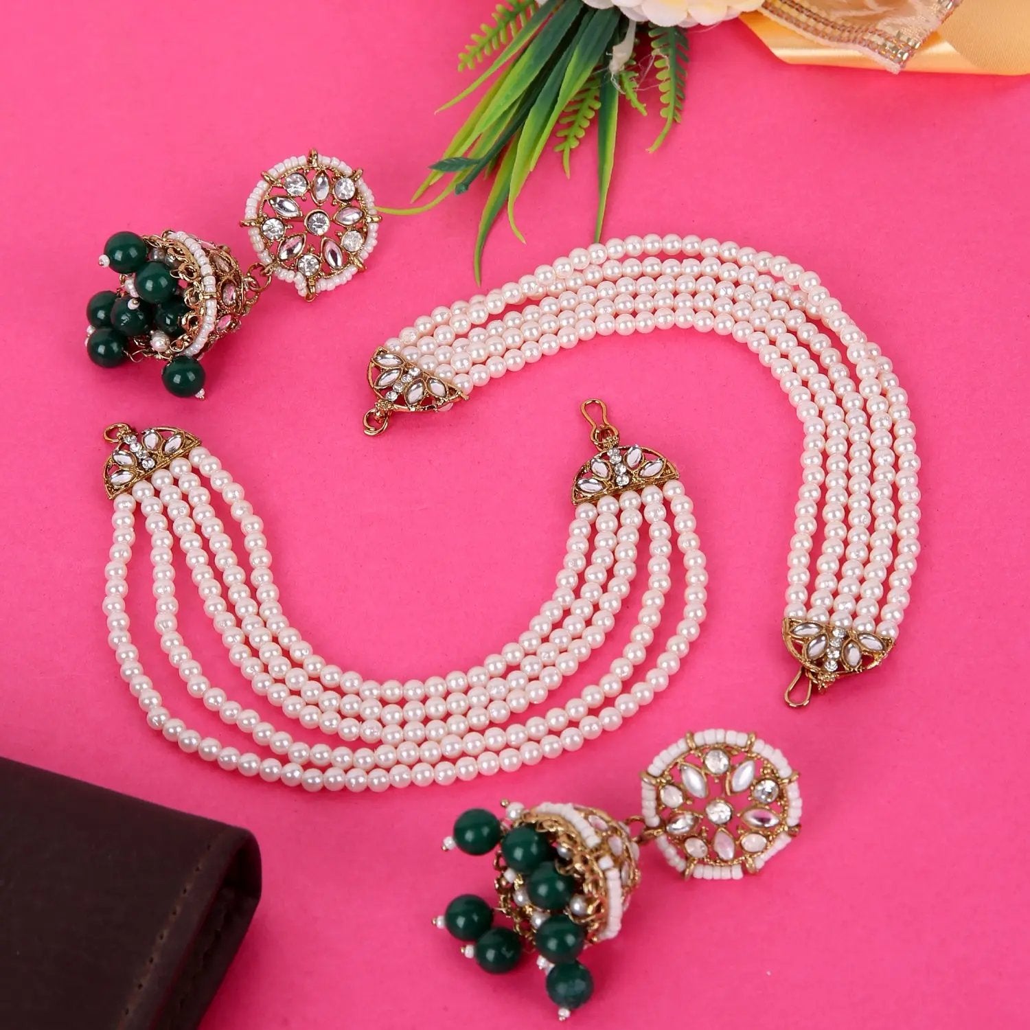 Sizzle Jewels Kundan and Pearl Layered Dangler Earrings with Green Bead Drops SIZZLE JEWELS