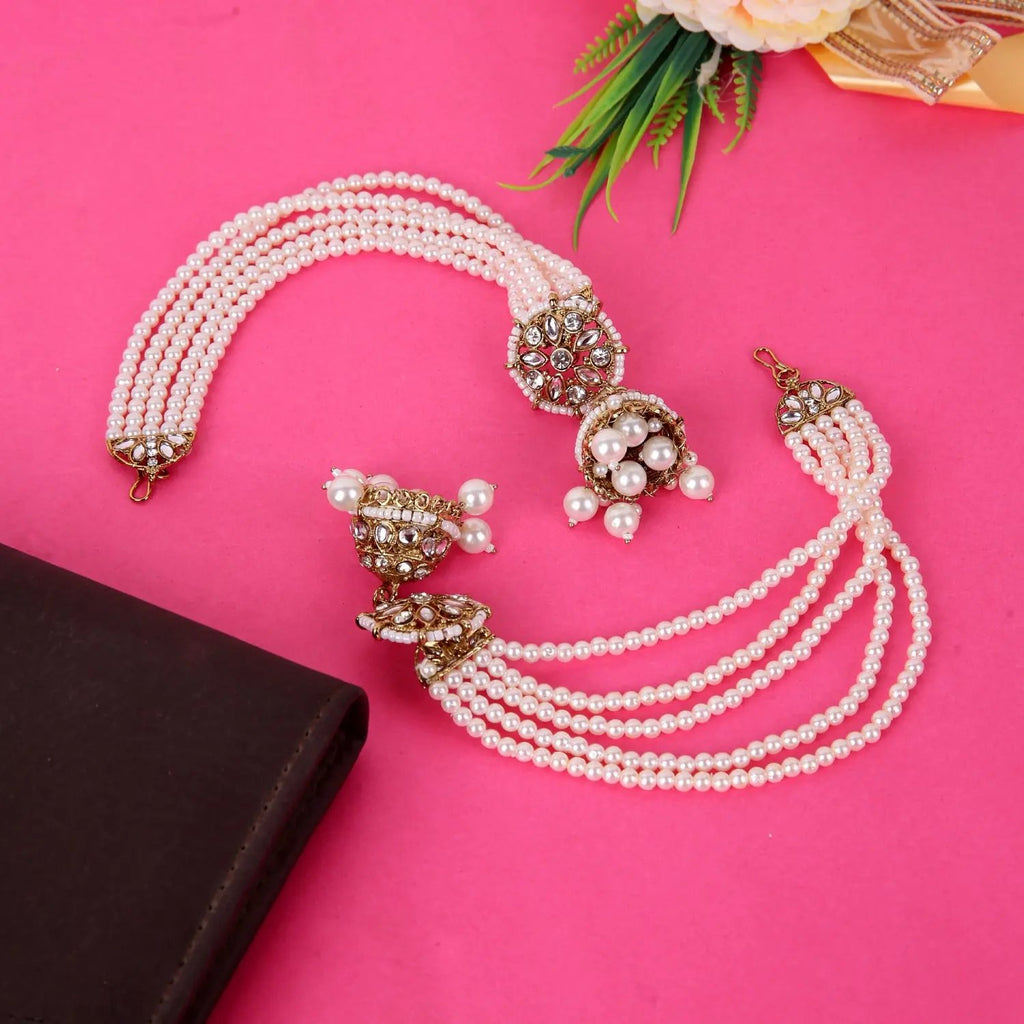 Elegant Kundan & Pearl Earrings with Multi-Layered Side Chains – Traditional Bridal Jewelry