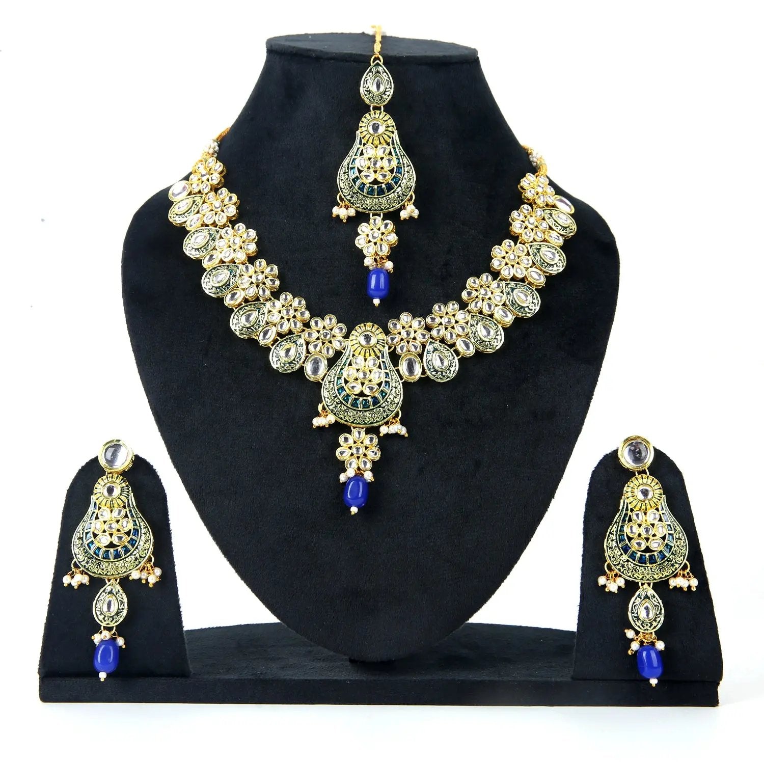 Sizzle Jewels Royal Blue and Green Kundan Bridal Jewelry Set – Traditional Necklace with Earrings & Maang Tikka SIZZLE JEWELS