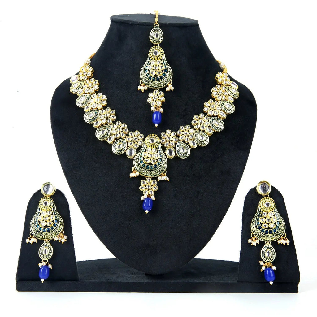 Sizzle Jewels Royal Blue and Green Kundan Traditional Necklace with Earrings & Maang Tikka