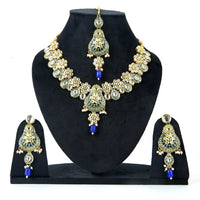 Sizzle Jewels Royal Blue and Green Kundan Traditional Necklace with Earrings & Maang Tikka