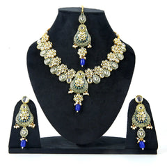 Sizzle Jewels Royal Blue and Green Kundan Bridal Jewelry Set – Traditional Necklace with Earrings & Maang Tikka SIZZLE JEWELS