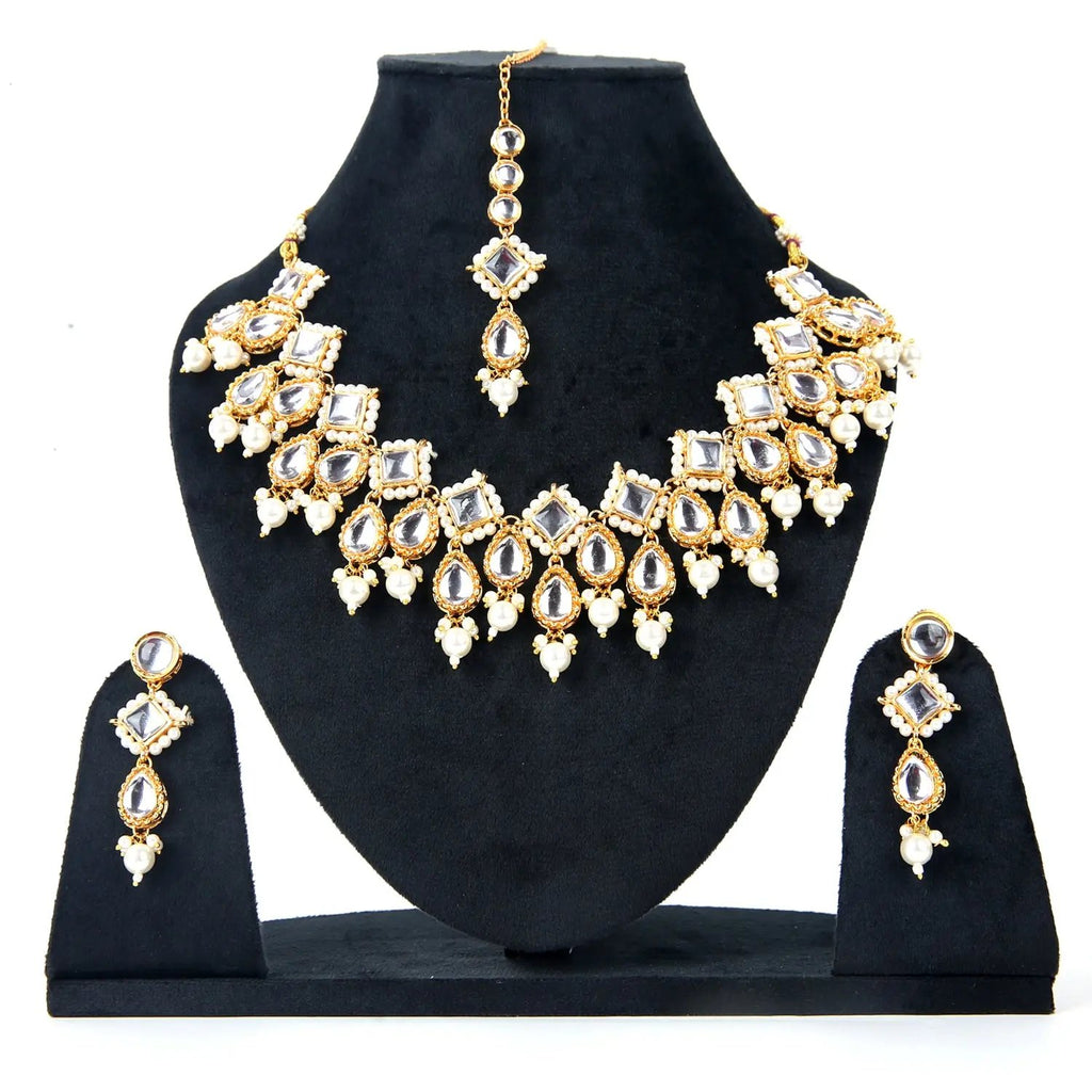 Sizzle Jewels Royal Kundan Pearl Bridal Necklace Set with Earrings and Maang Tikka