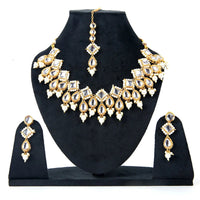 Sizzle Jewels Royal Kundan Pearl Bridal Necklace Set with Earrings and Maang Tikka