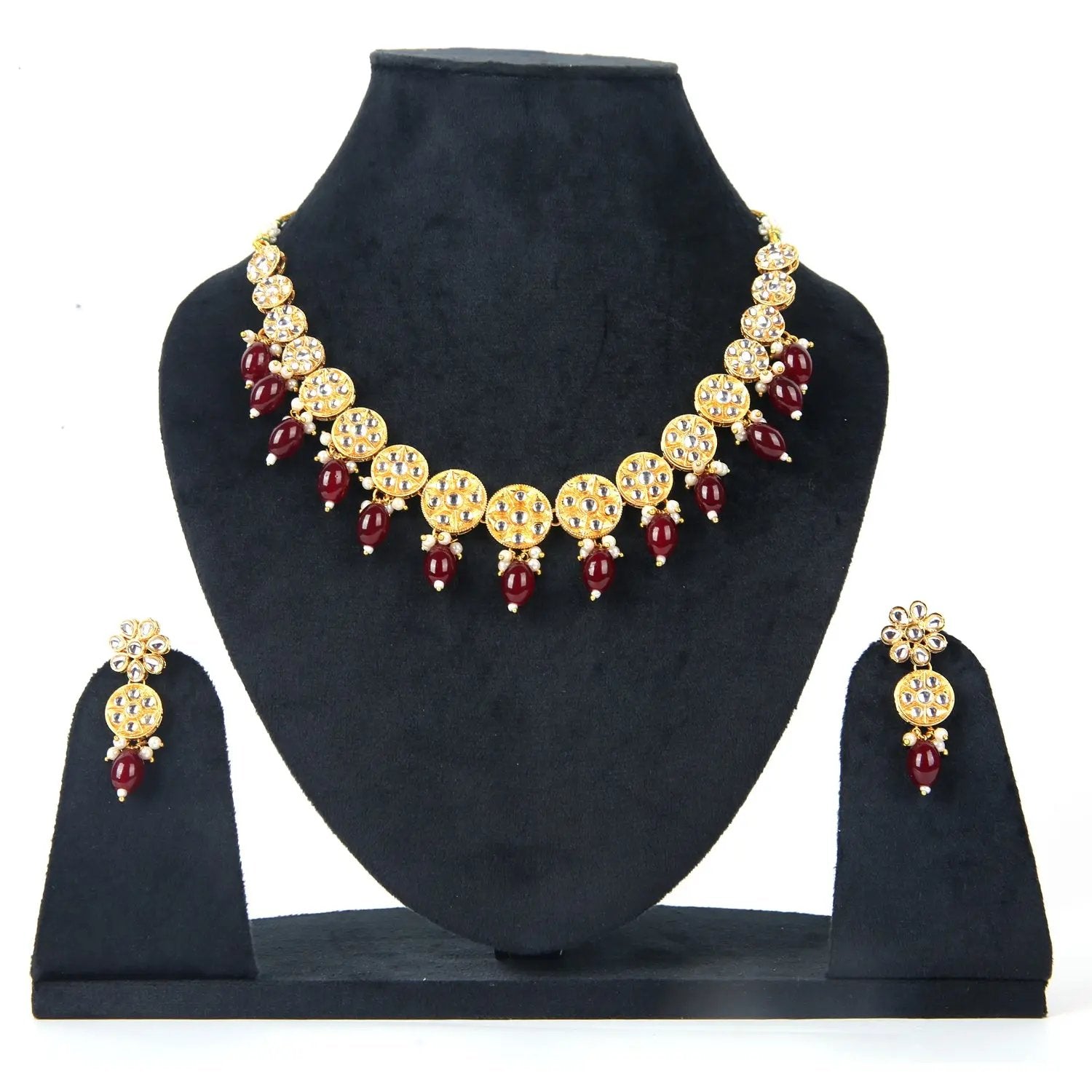 Sizzle Jewels Kundan Gold-Plated Necklace Set with Maroon Beads and Matching Earrings SIZZLE JEWELS