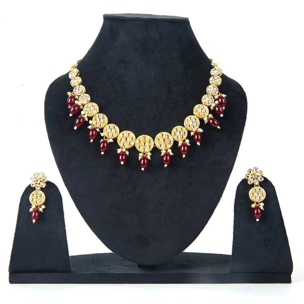 Sizzle Jewels Kundan Gold-Plated Necklace Set with Maroon Beads and Matching Earrings