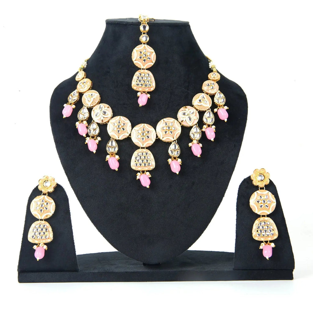 Sizzle Jewels Handcrafted Kundan Necklace Set with Baby Pink Beads and Maang Tikka