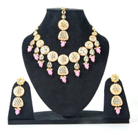 Sizzle Jewels Handcrafted Kundan Necklace Set with Baby Pink Beads and Maang Tikka