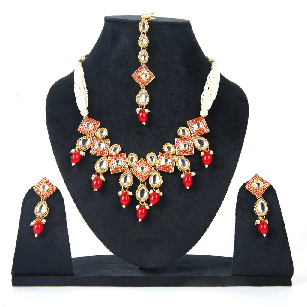 Sizzle Jewels Red and Gold Kundan Traditional Necklace with Earrings and Maang Tikka