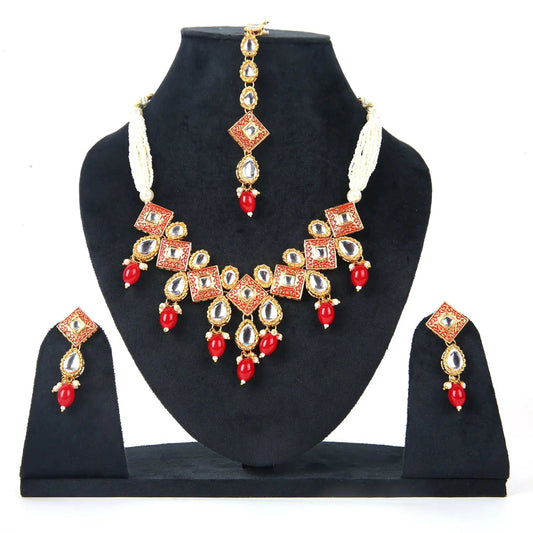 Sizzle Jewels Elegant Red and Gold Kundan Bridal Jewelry Set – Traditional Necklace with Earrings and Maang Tikka SIZZLE JEWELS