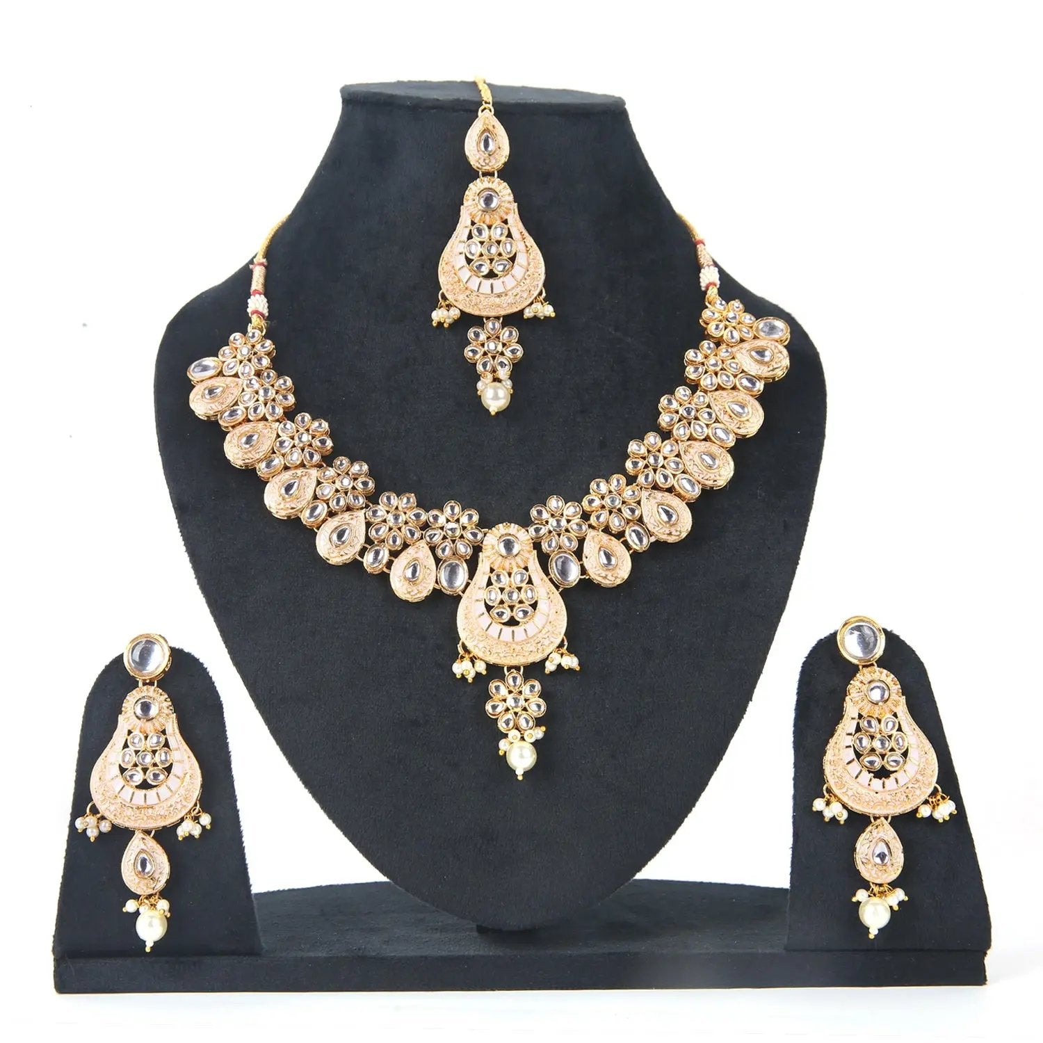 Sizzle Jewels Peach and Gold-Plated Kundan Necklace Set with Earrings and Maang Tikka SIZZLE JEWELS