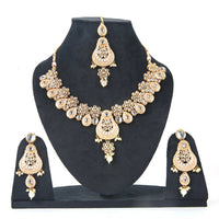 Sizzle Jewels Peach and Gold-Plated Kundan Necklace Set with Earrings and Maang Tikka