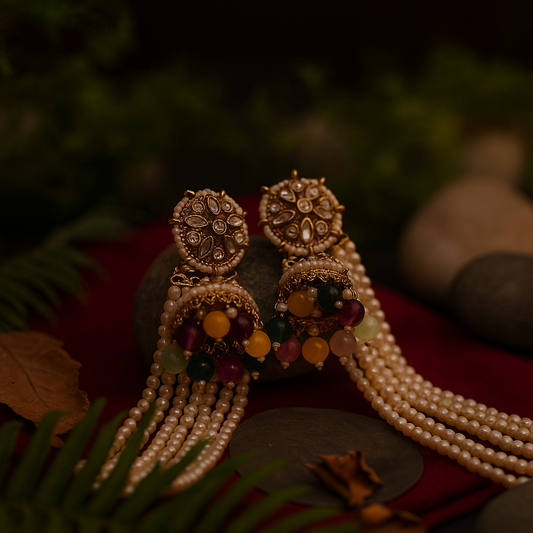 Traditional Kundan Pearl Earrings with Colorful Beads – Bridal & Festive Jewelry
