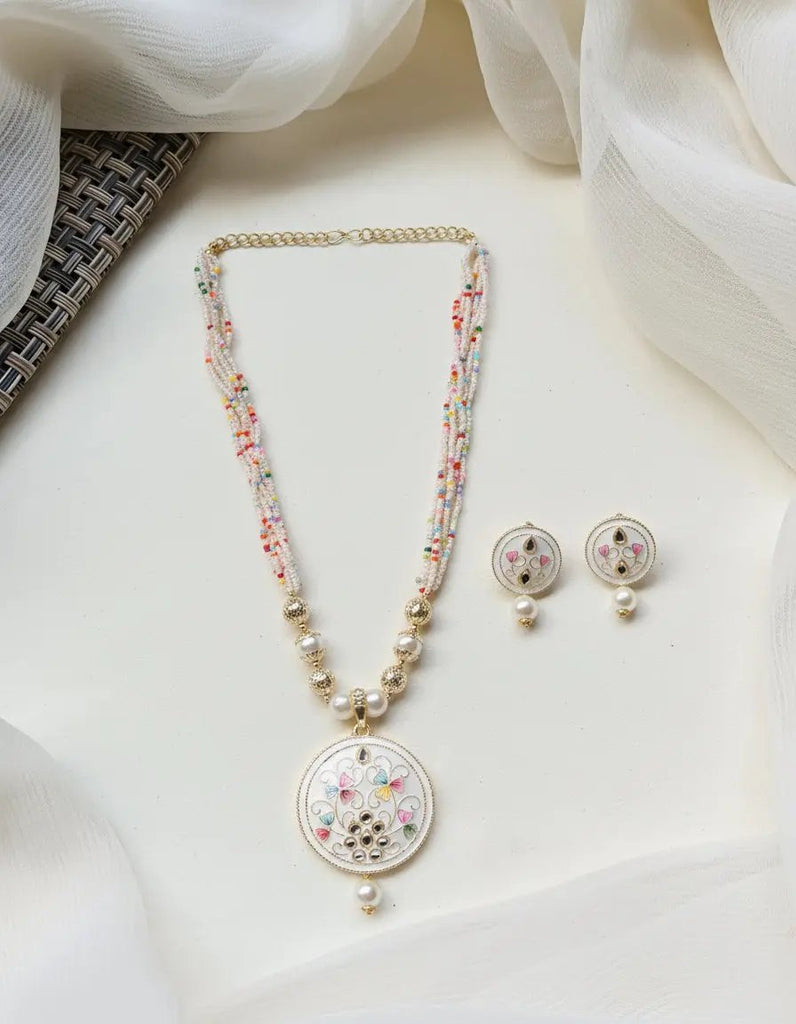 Handcrafted Meenakari Pendant Necklace Set with Multicolor Beads & Earrings – Traditional Indian Jewelry