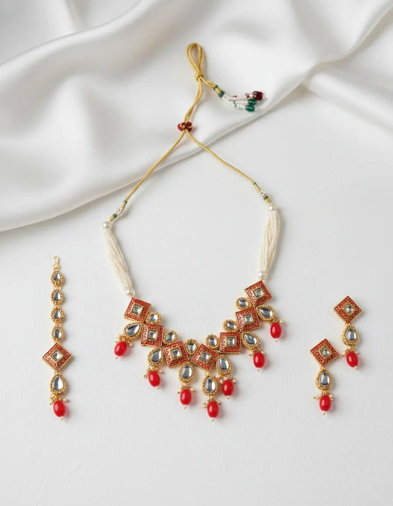 Sizzle Jewels Red and Gold Kundan Traditional Necklace with Earrings and Maang Tikka