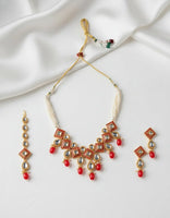Sizzle Jewels Red and Gold Kundan Traditional Necklace with Earrings and Maang Tikka