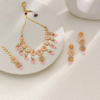 Sizzle Jewels Handcrafted Kundan Necklace Set with Baby Pink Beads and Maang Tikka