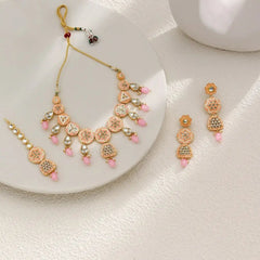 Sizzle Jewels Handcrafted Kundan Necklace Set with Baby Pink Beads and Maang Tikka SIZZLE JEWELS