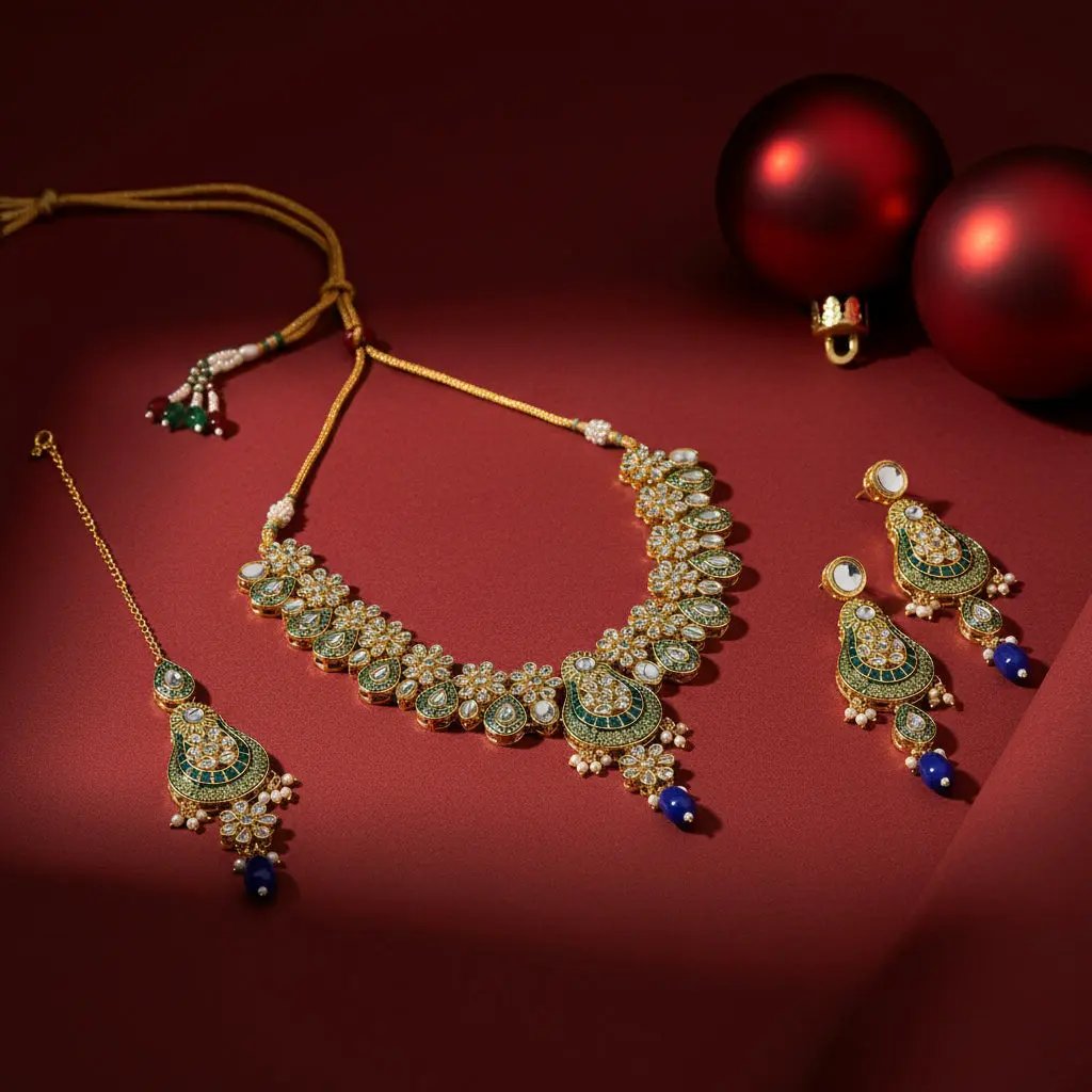 Sizzle Jewels Royal Blue and Green Kundan Traditional Necklace with Earrings & Maang Tikka