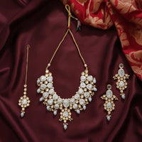 Sizzle Jewels Royal Kundan Bridal Set – Handcrafted Silver and Gold Polki Necklace with Earrings and Maang Tikka