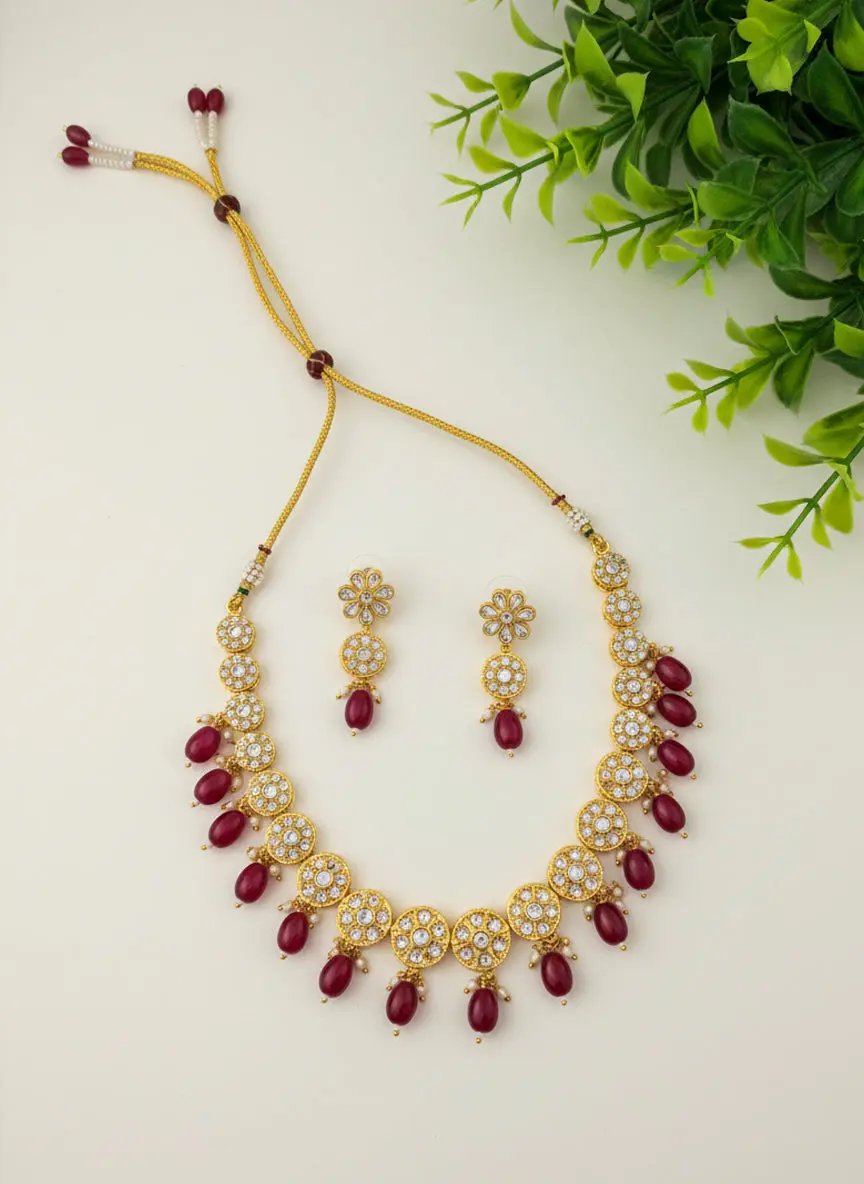 Sizzle Jewels Kundan Gold-Plated Necklace Set with Maroon Beads and Matching Earrings SIZZLE JEWELS