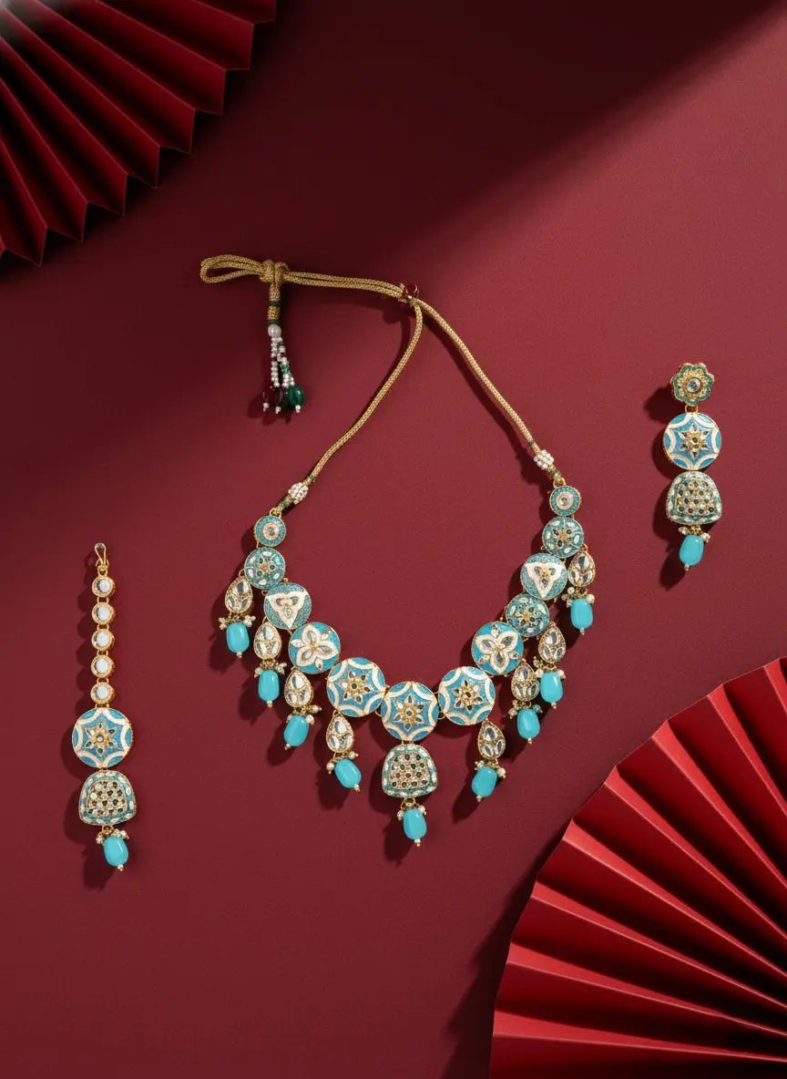 Sizzle Jewels Handmade Sky Blue Kundan Necklace Set with Earrings | Maang Tikka SIZZLE JEWELS