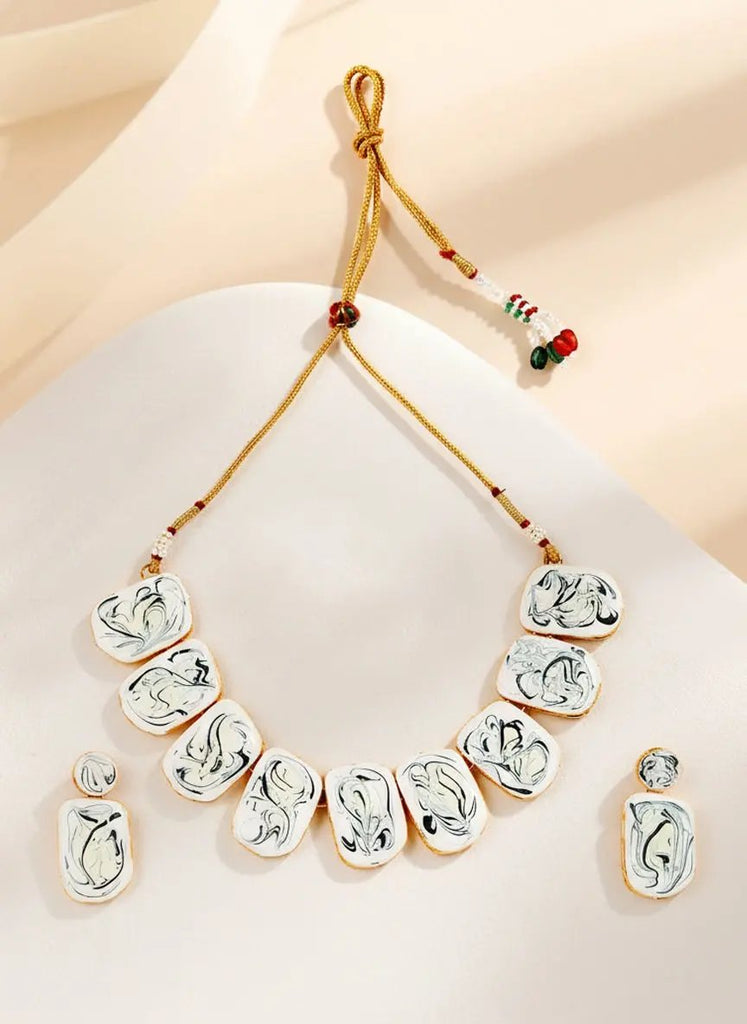 Sizzle Jewels Elegant Handmade White Marble Look Heavy Stone Necklace Set