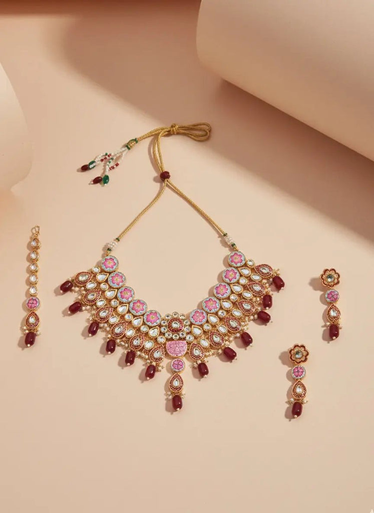 Sizzle Jewels Elegant Pink and Maroon Kundan Meenakari Necklace Set